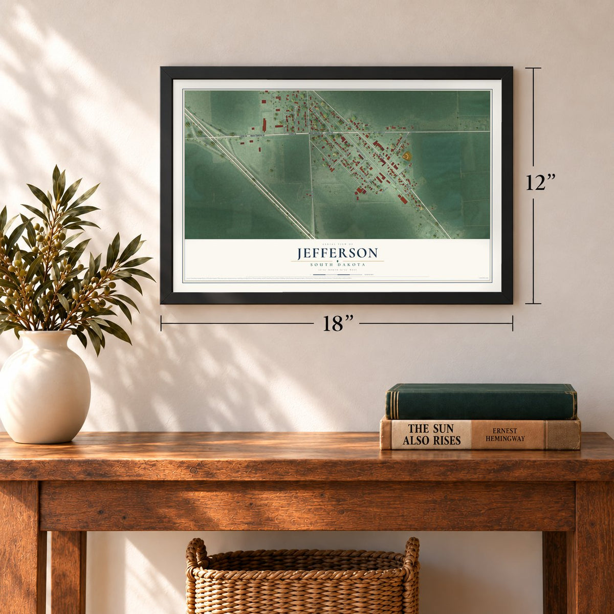 Jefferson, South Dakota map, 12 x 18 inch print in a black frame in an entryway