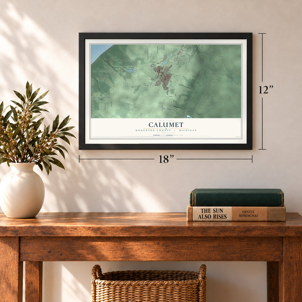 Calumet, Houghton County, Michigan map, 12 x 18 inch print in a black frame in an entryway