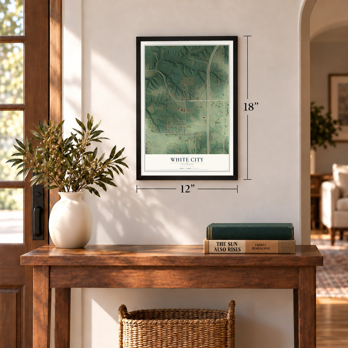 White City, Illinois map, 12 x 18 inch print in a black frame in an entryway