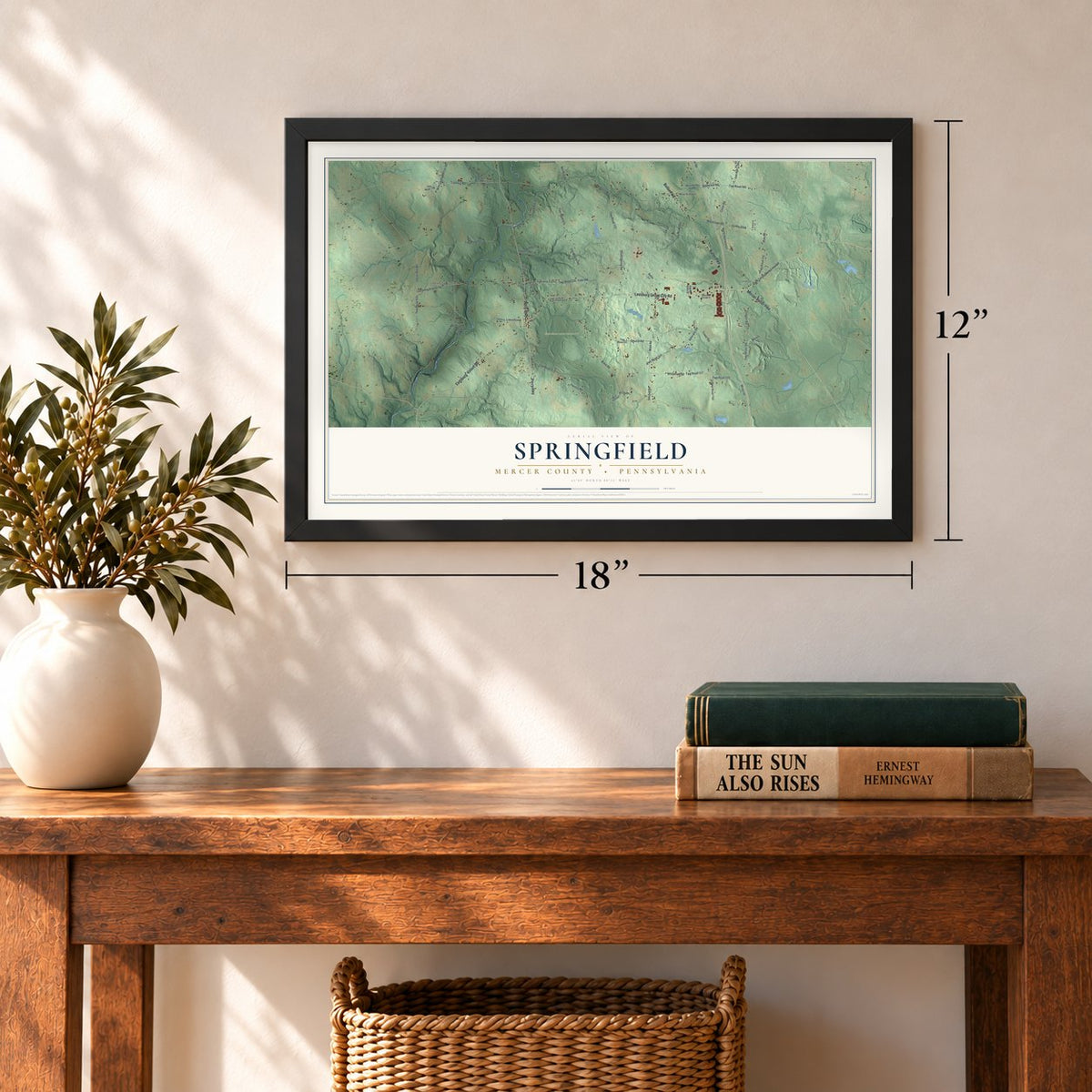 Springfield, Mercer County, Pennsylvania map, 12 x 18 inch print in a black frame in an entryway
