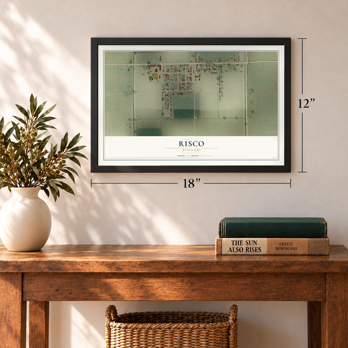 Risco, Missouri map, 12 x 18 inch print in a black frame in an entryway