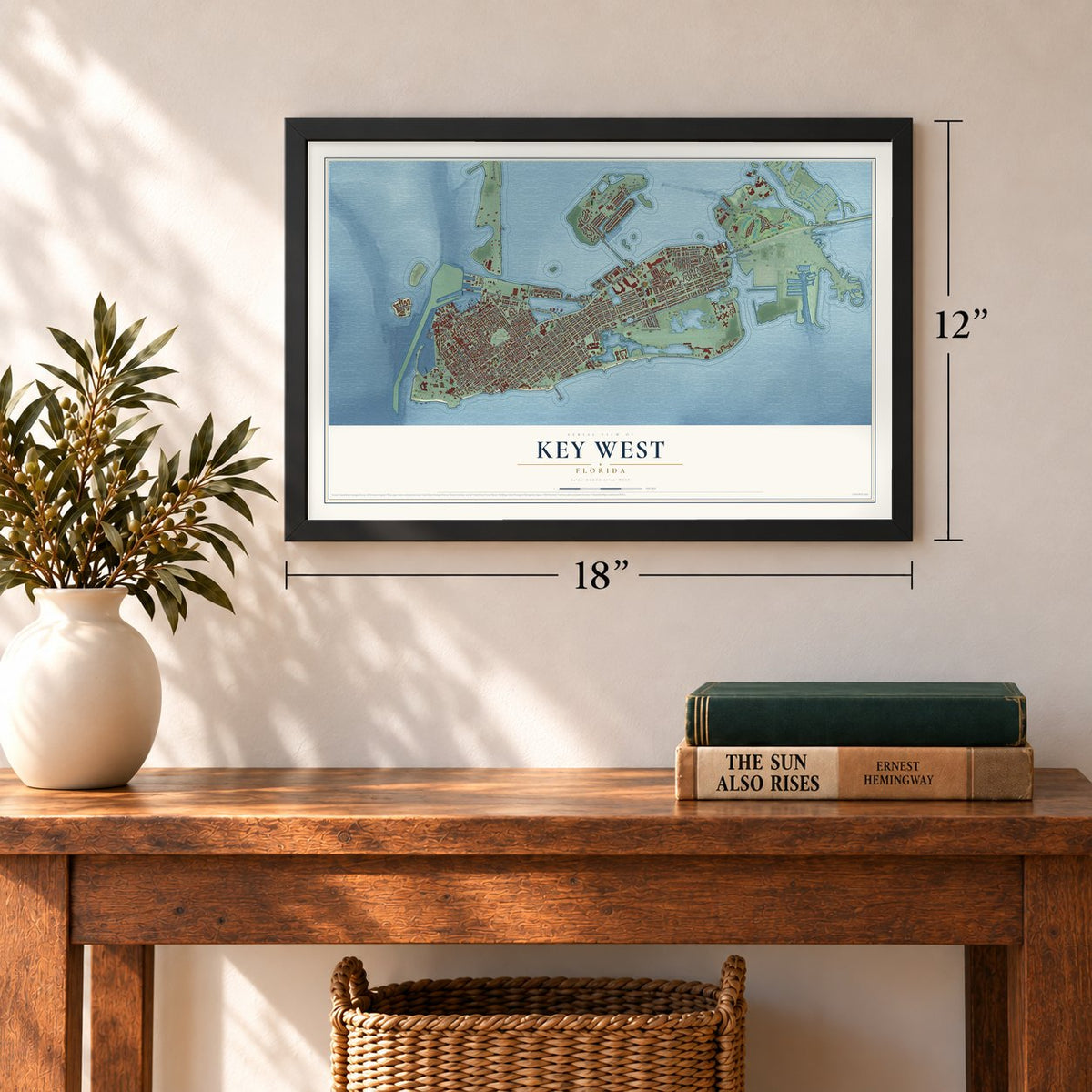 Key West, Florida map, 12 x 18 inch print in a black frame in an entryway