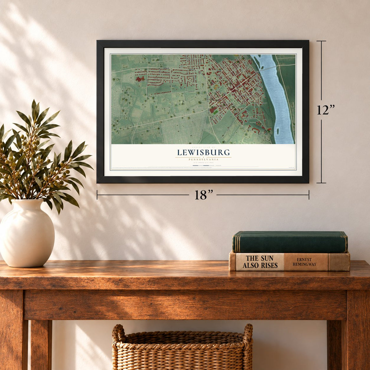 Lewisburg, Pennsylvania map, 12 x 18 inch print in a black frame in an entryway