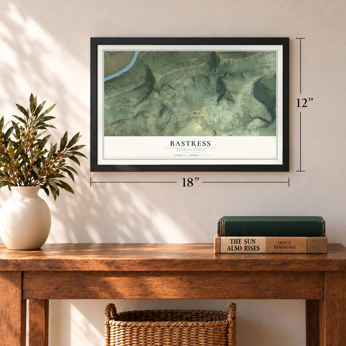 Bastress, Pennsylvania map, 12 x 18 inch print in a black frame in an entryway