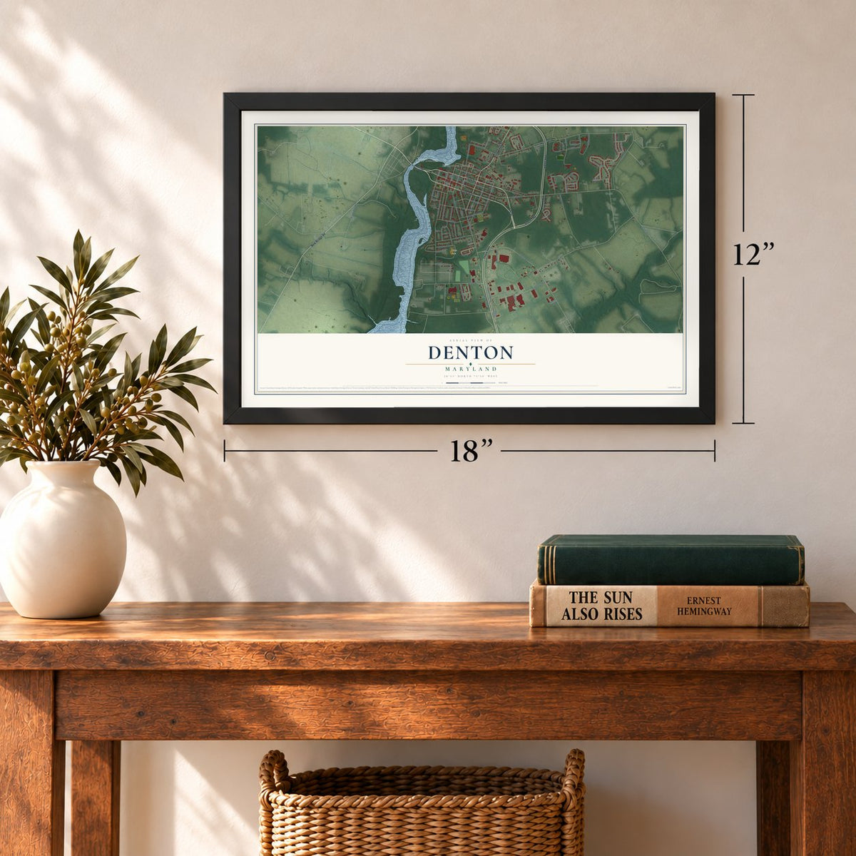 Denton, Maryland map, 12 x 18 inch print in a black frame in an entryway