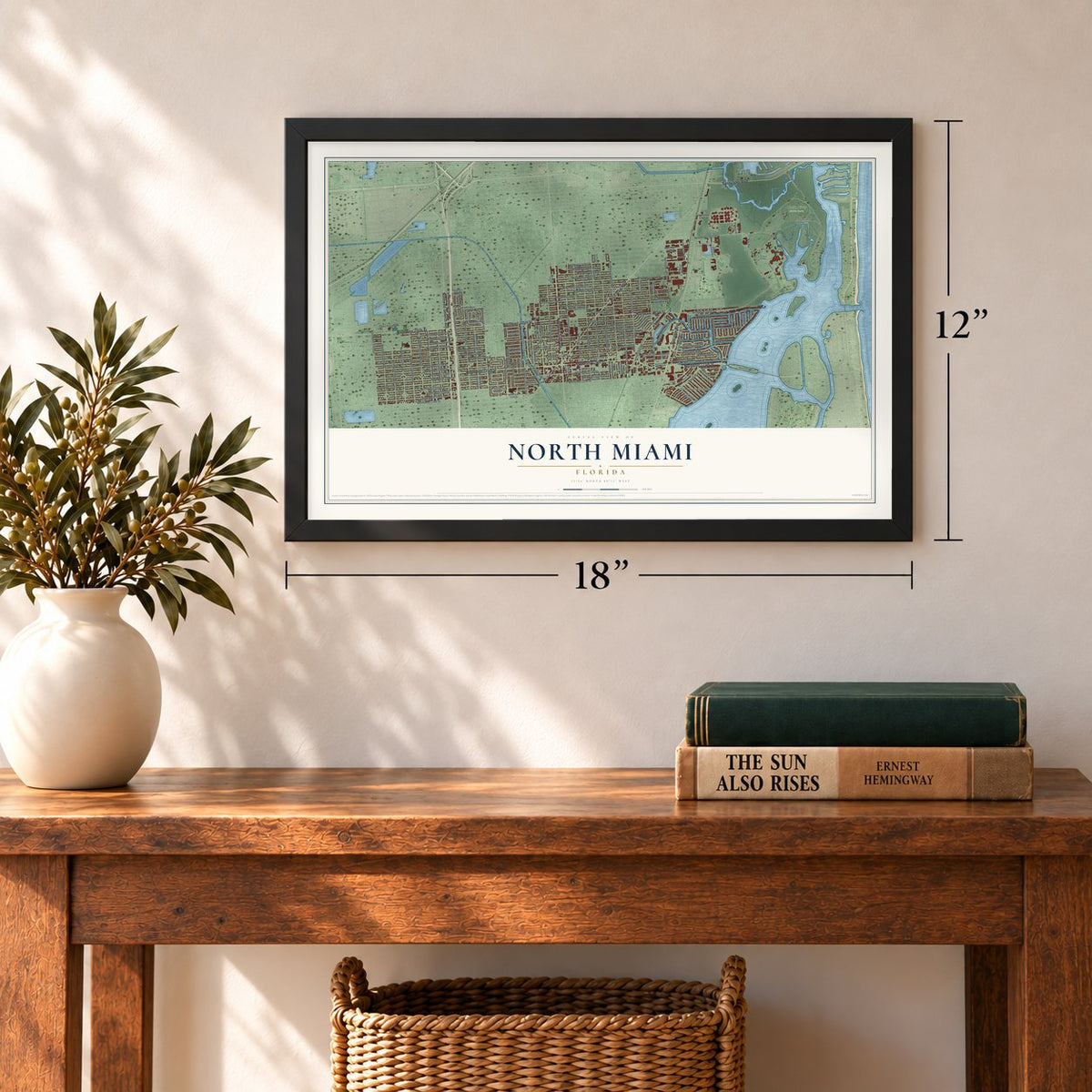 North Miami, Florida map, 12 x 18 inch print in a black frame in an entryway