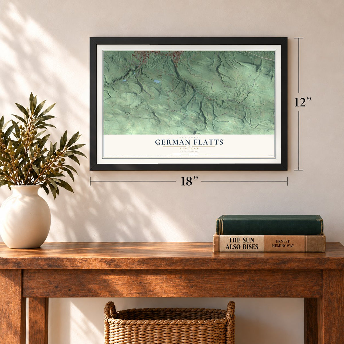 German Flatts, New York map, 12 x 18 inch print in a black frame in an entryway