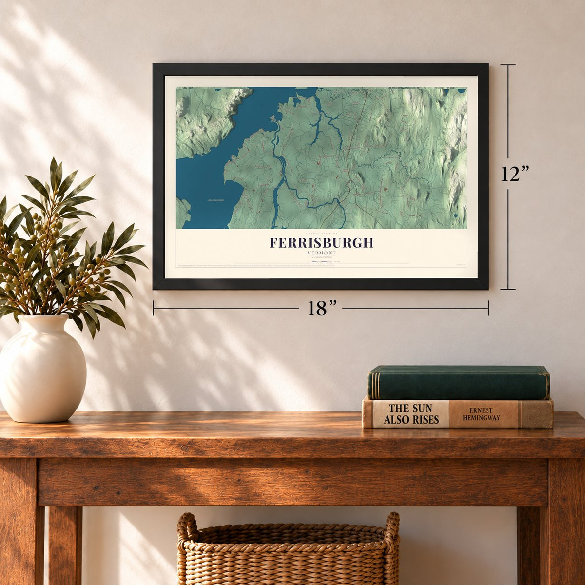 Ferrisburgh, Vermont map, 12 x 18 inch print in a black frame in an entryway