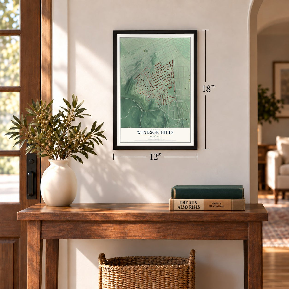 Windsor Hills, Maryland map, 12 x 18 inch print in a black frame in an entryway