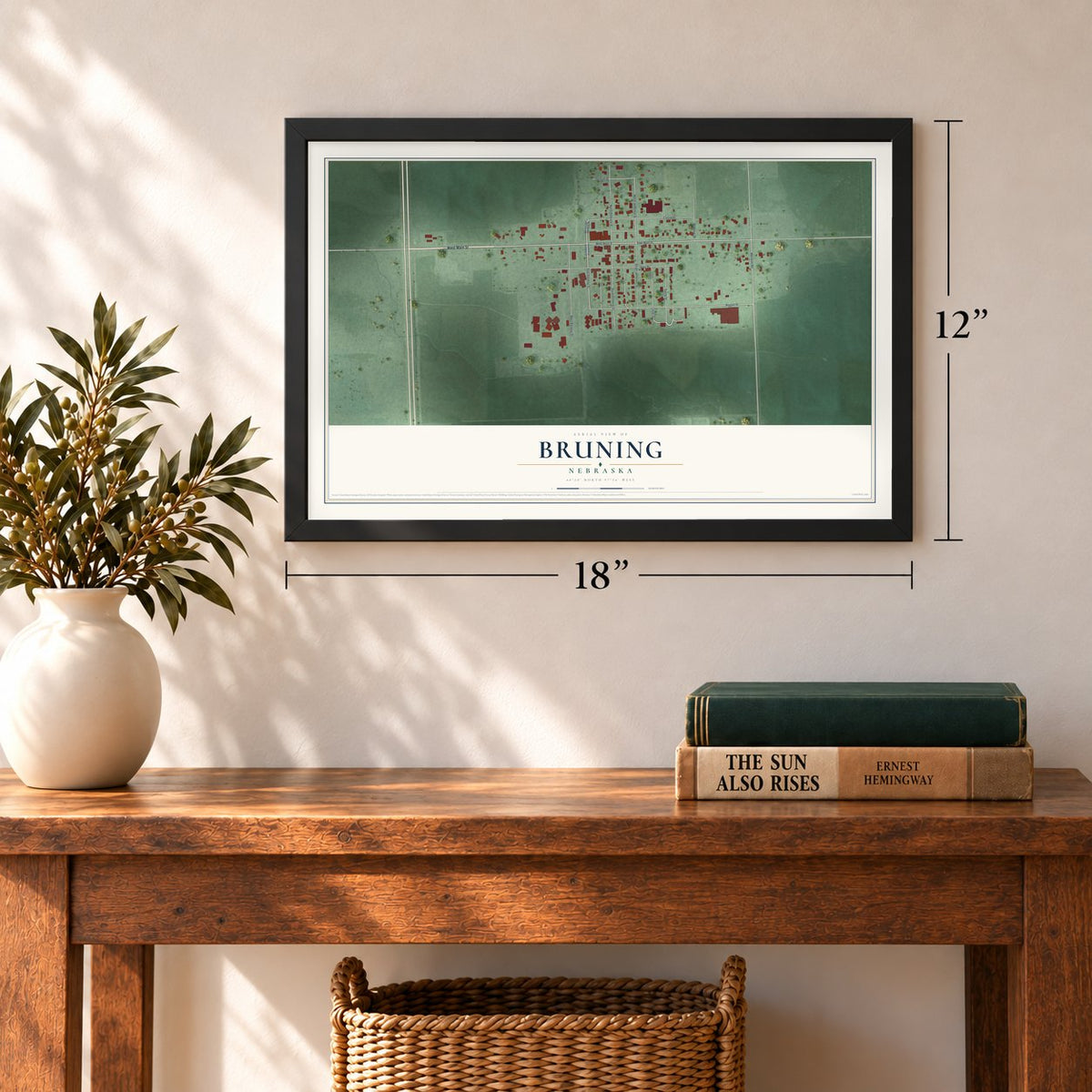 Bruning, Nebraska map, 12 x 18 inch print in a black frame in an entryway