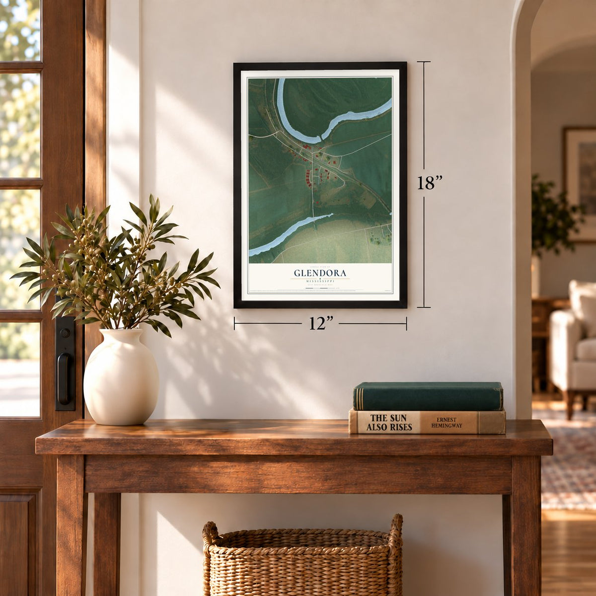 Glendora, Mississippi map, 12 x 18 inch print in a black frame in an entryway