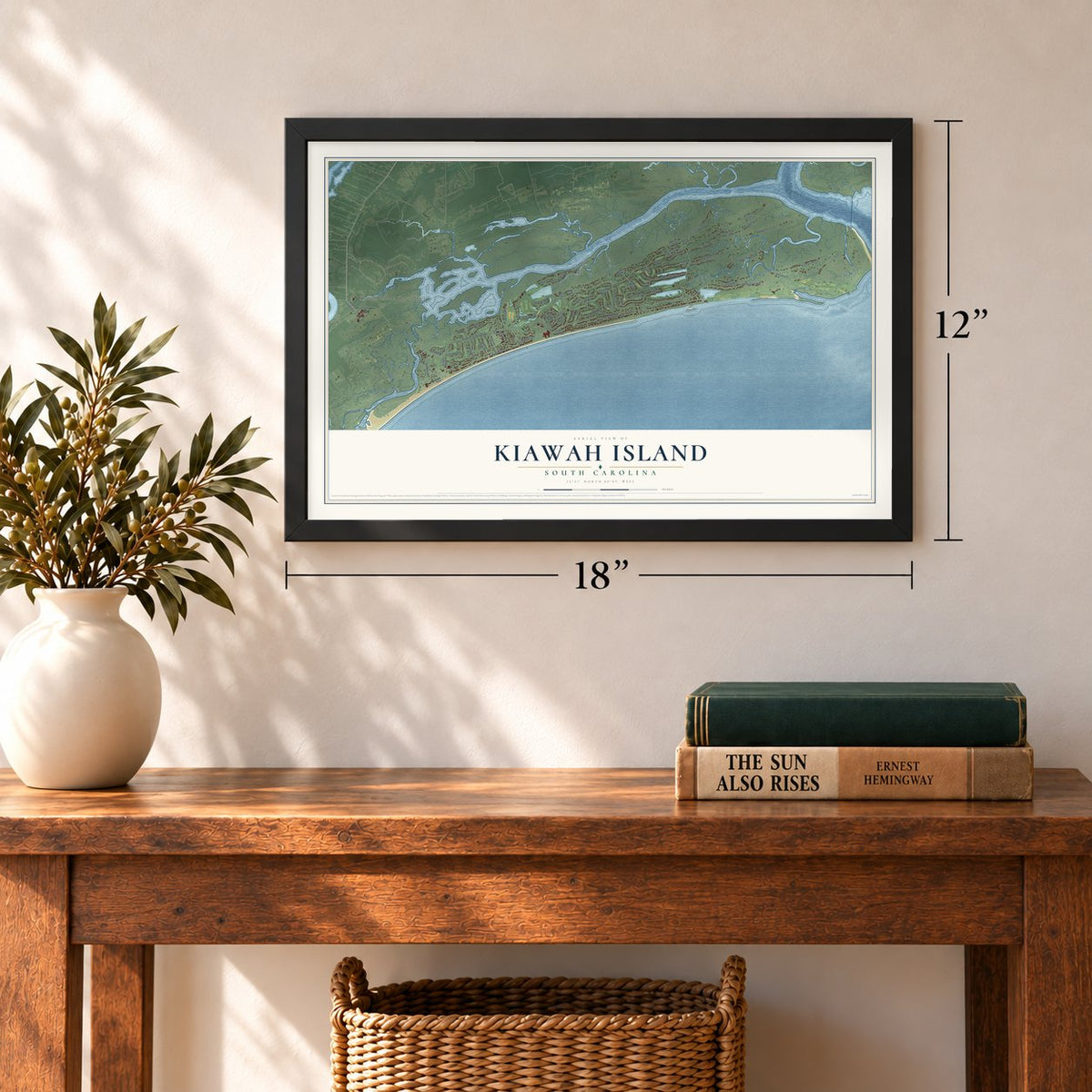 Kiawah Island, South Carolina map, 12 x 18 inch print in a black frame in an entryway