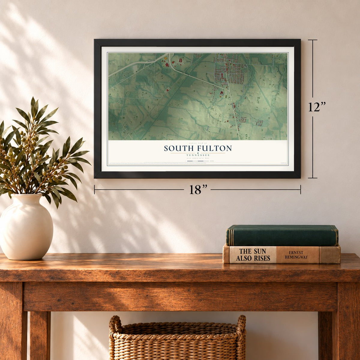 South Fulton, Tennessee map, 12 x 18 inch print in a black frame in an entryway