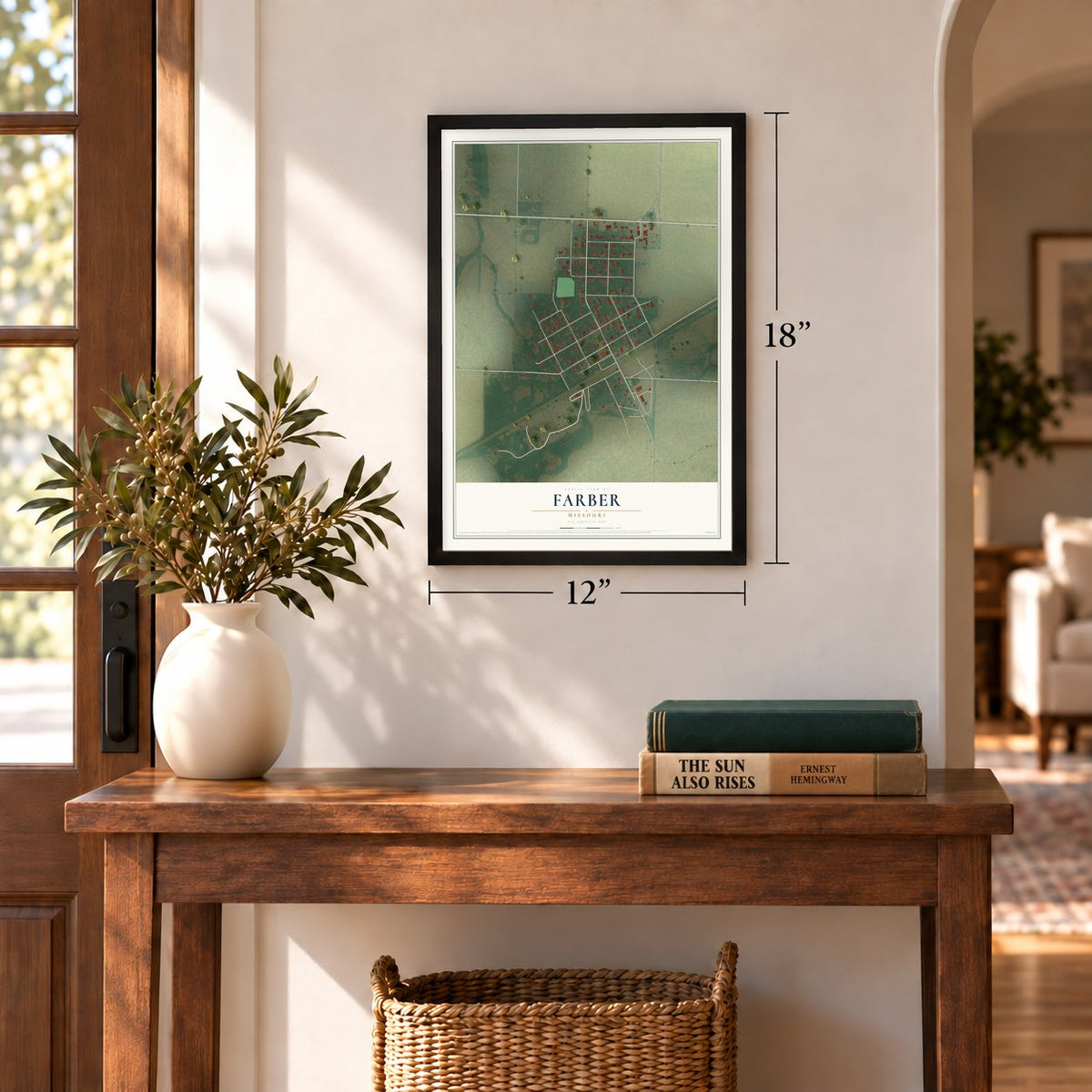 Farber, Missouri map, 12 x 18 inch print in a black frame in an entryway