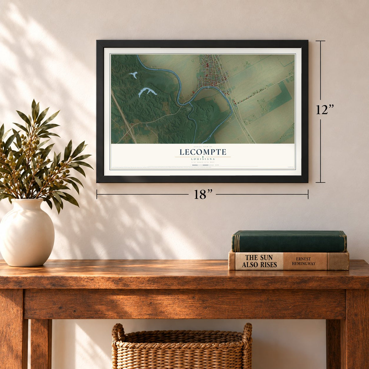 Lecompte, Louisiana map, 12 x 18 inch print in a black frame in an entryway