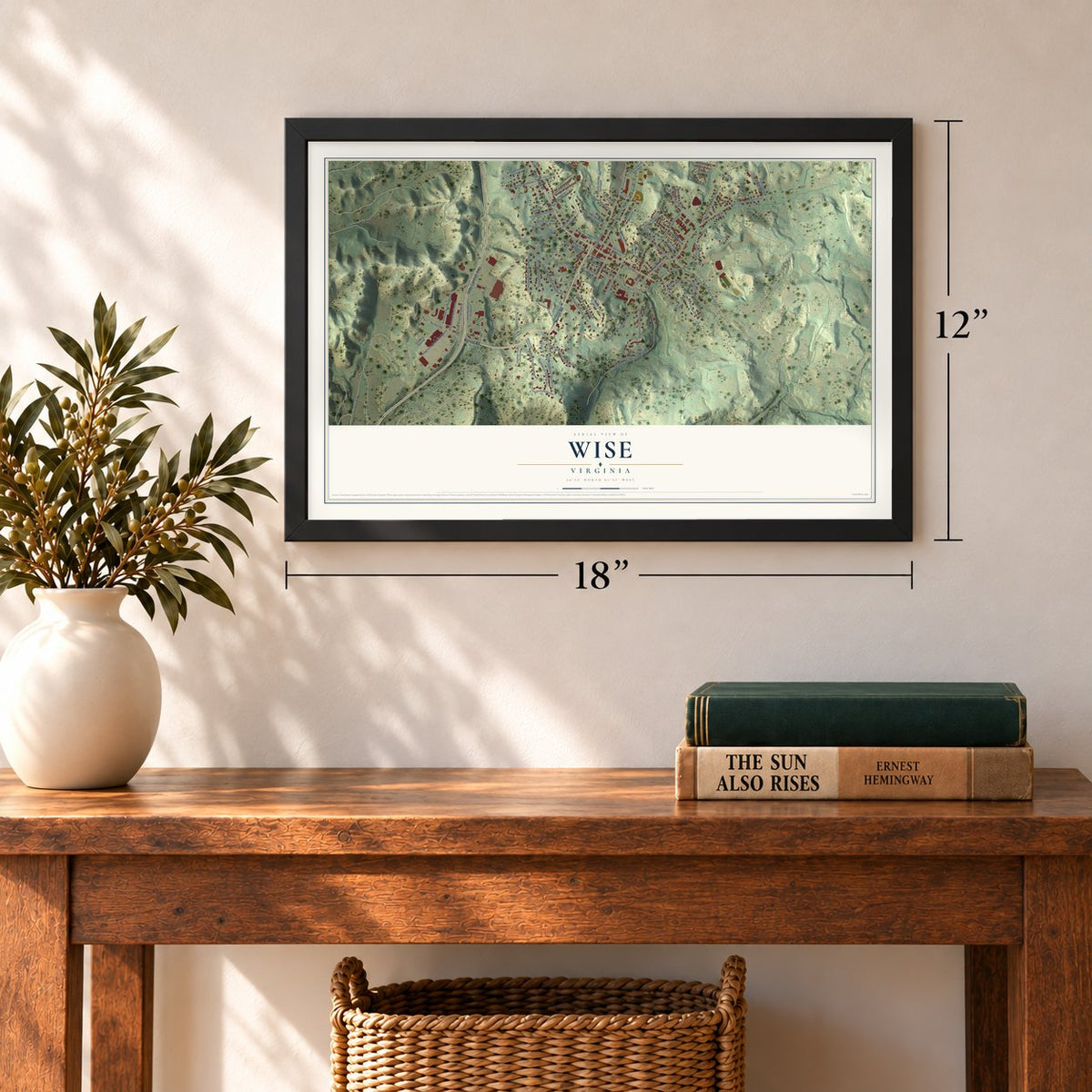 Wise, Virginia map, 12 x 18 inch print in a black frame in an entryway