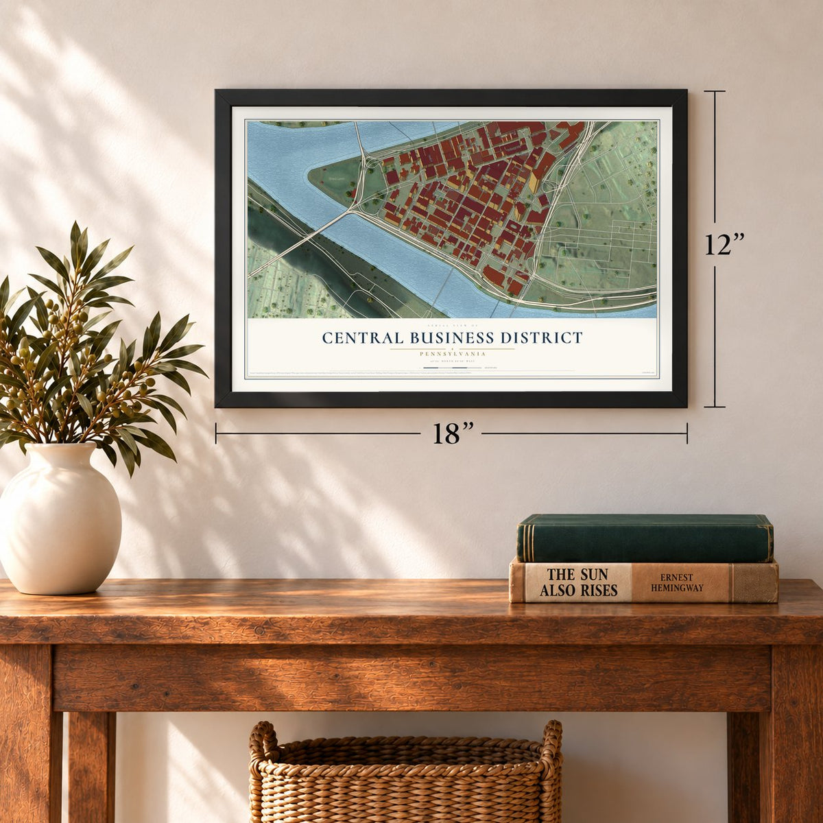Central Business District, Pennsylvania map, 12 x 18 inch print in a black frame in an entryway