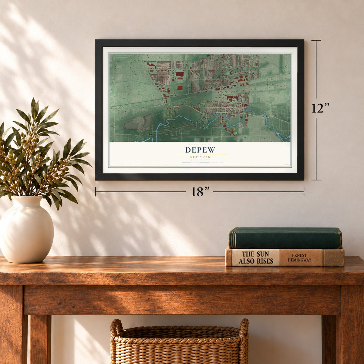Depew, New York map, 12 x 18 inch print in a black frame in an entryway