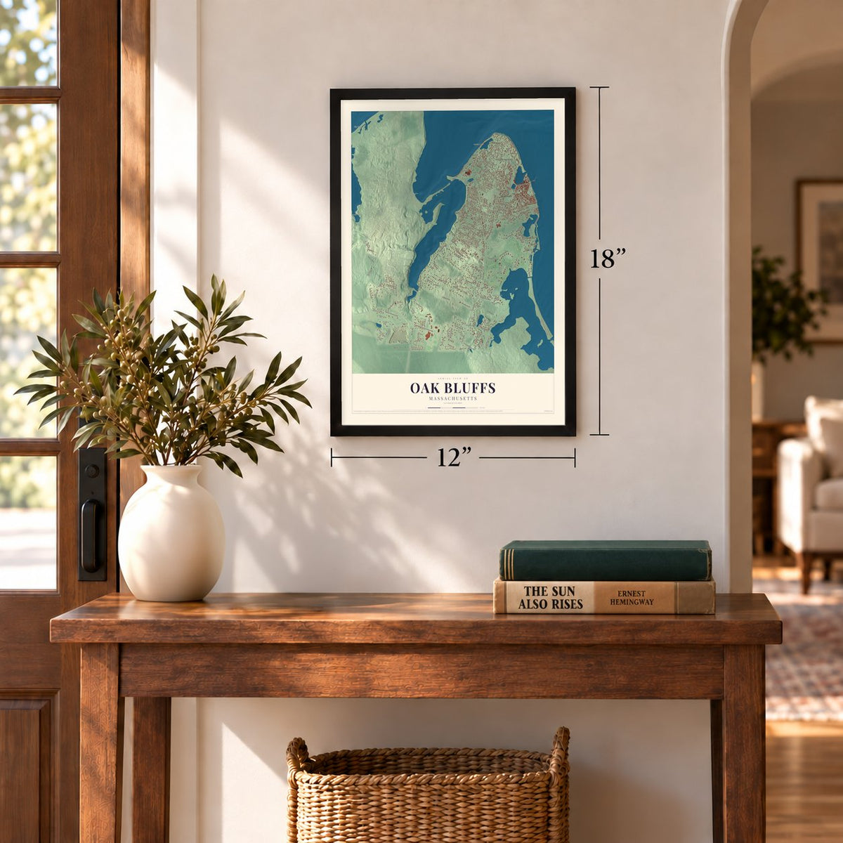 Oak Bluffs, Massachusetts map, 12 x 18 inch print in a black frame in an entryway