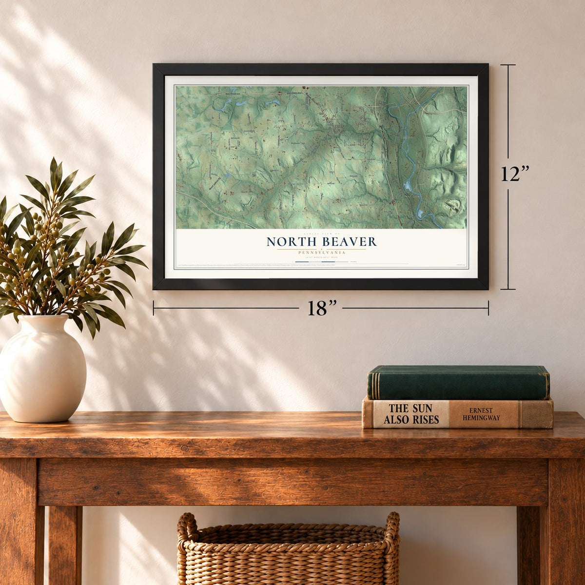 North Beaver, Pennsylvania map, 12 x 18 inch print in a black frame in an entryway