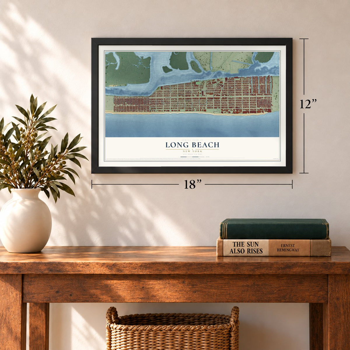 Long Beach, New York map, 12 x 18 inch print in a black frame in an entryway