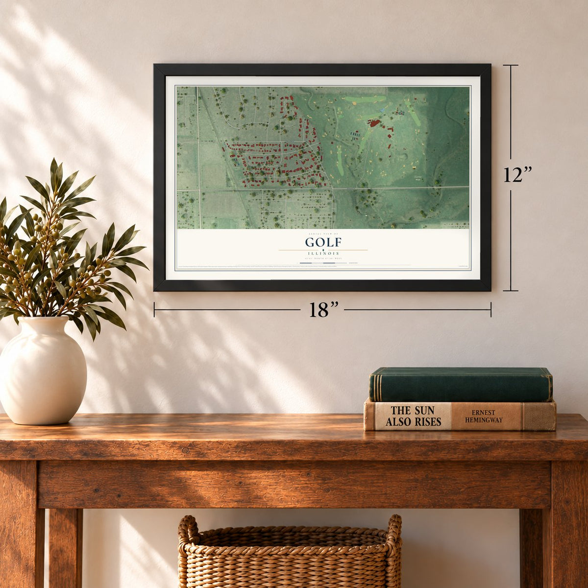 Golf, Illinois map, 12 x 18 inch print in a black frame in an entryway