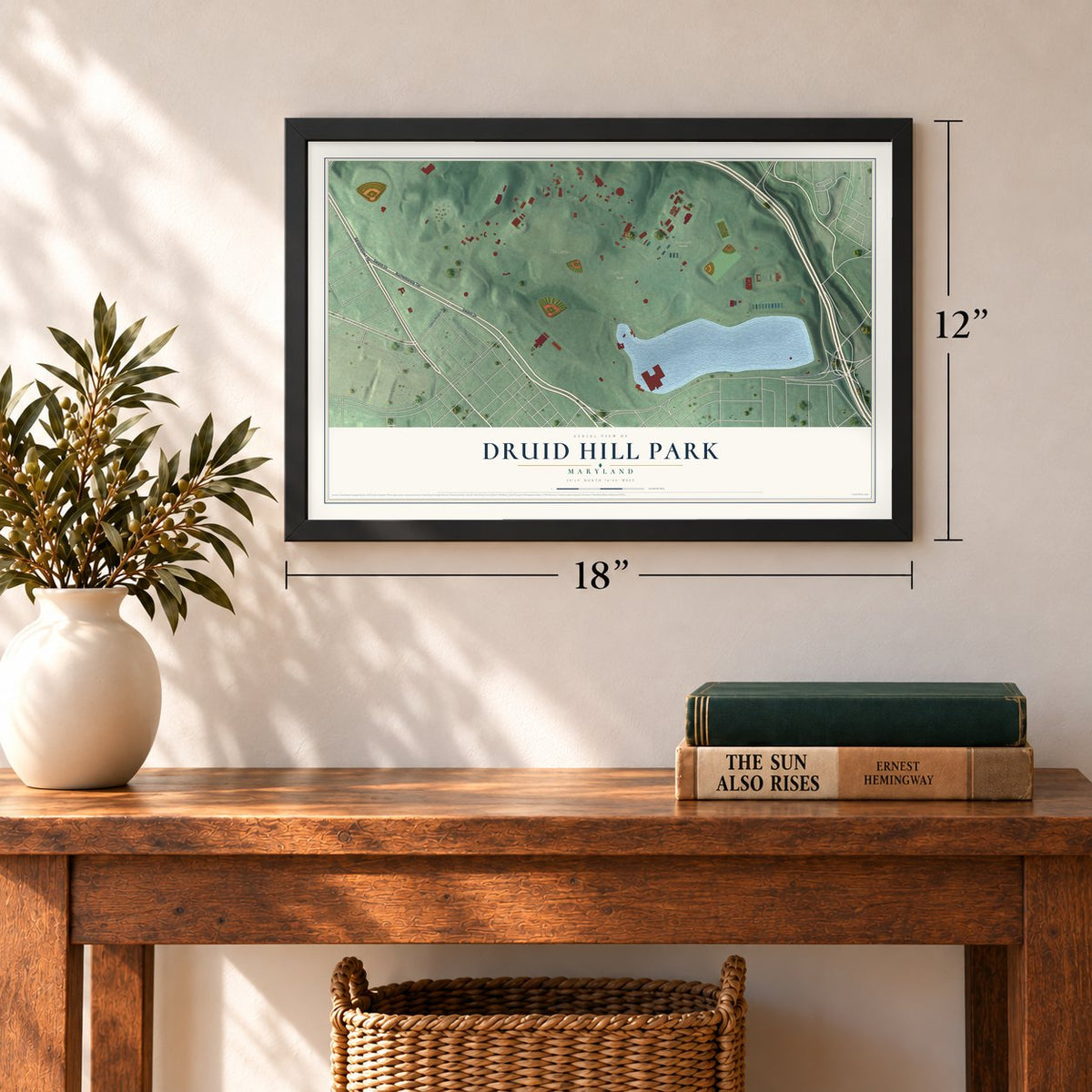Druid Hill Park, Maryland map, 12 x 18 inch print in a black frame in an entryway