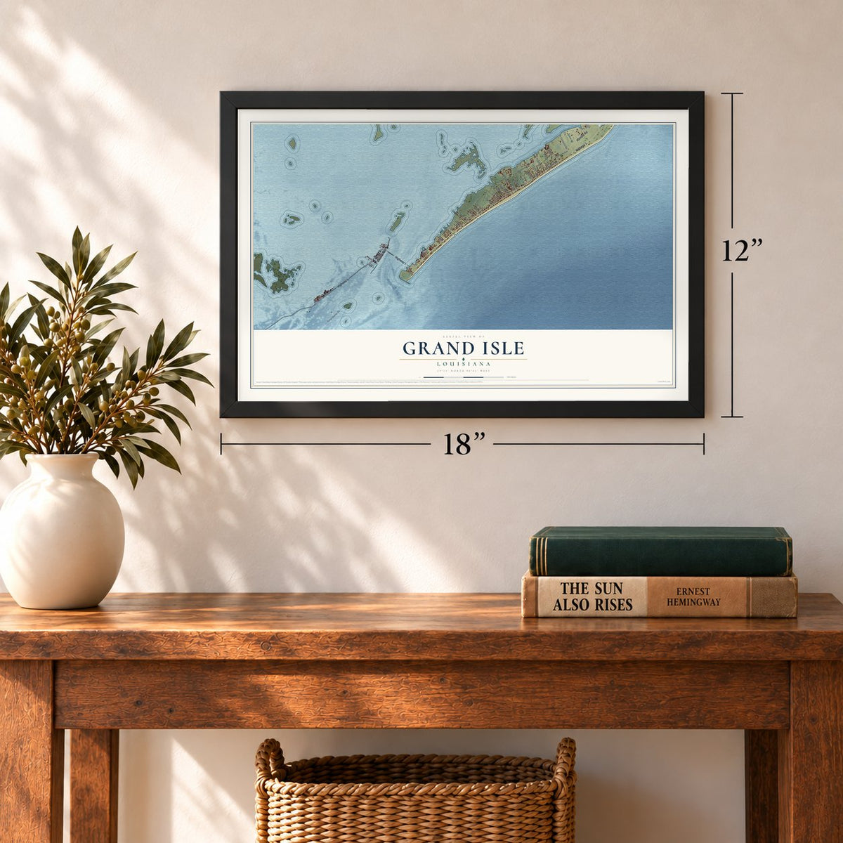 Grand Isle, Louisiana map, 12 x 18 inch print in a black frame in an entryway
