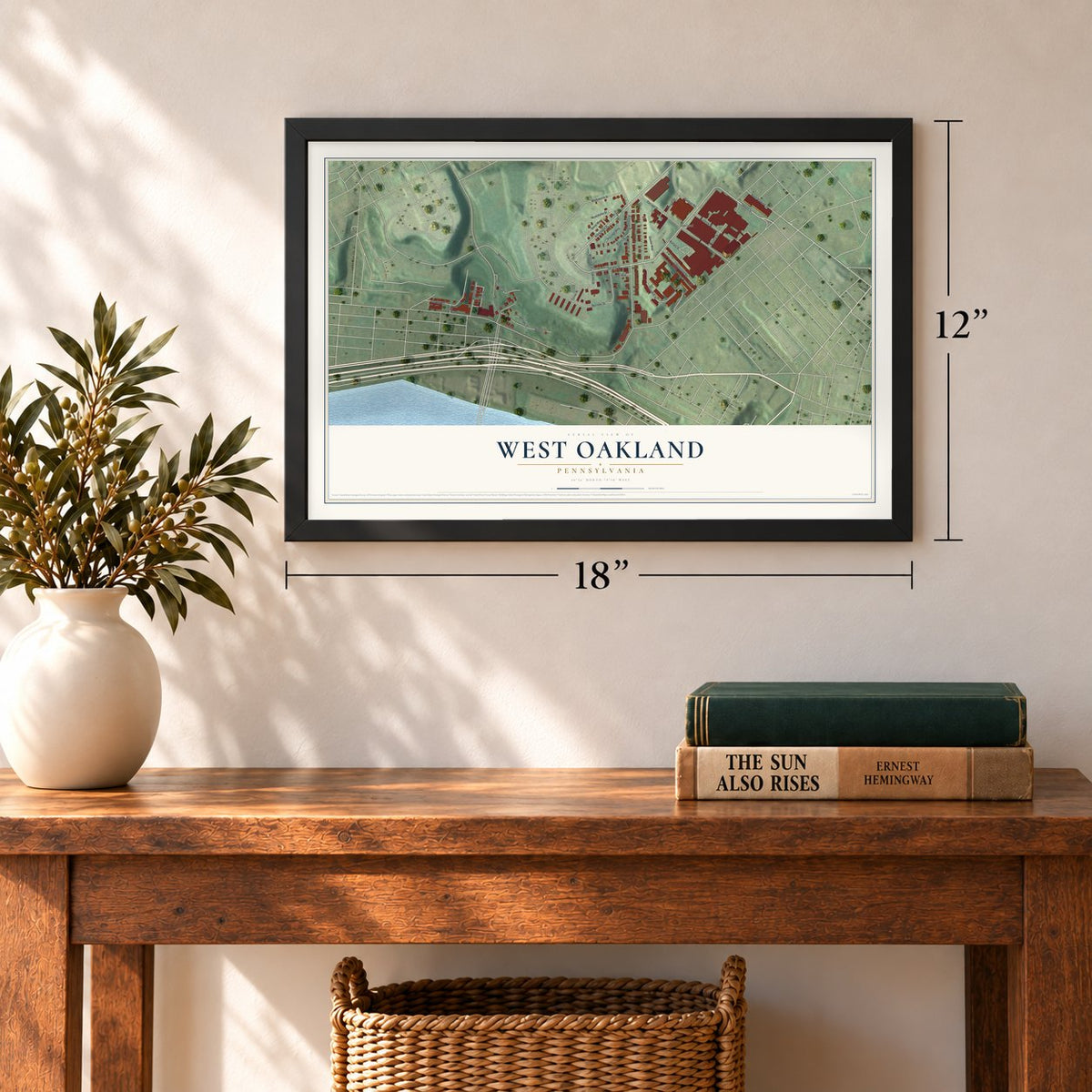 West Oakland, Pennsylvania map, 12 x 18 inch print in a black frame in an entryway