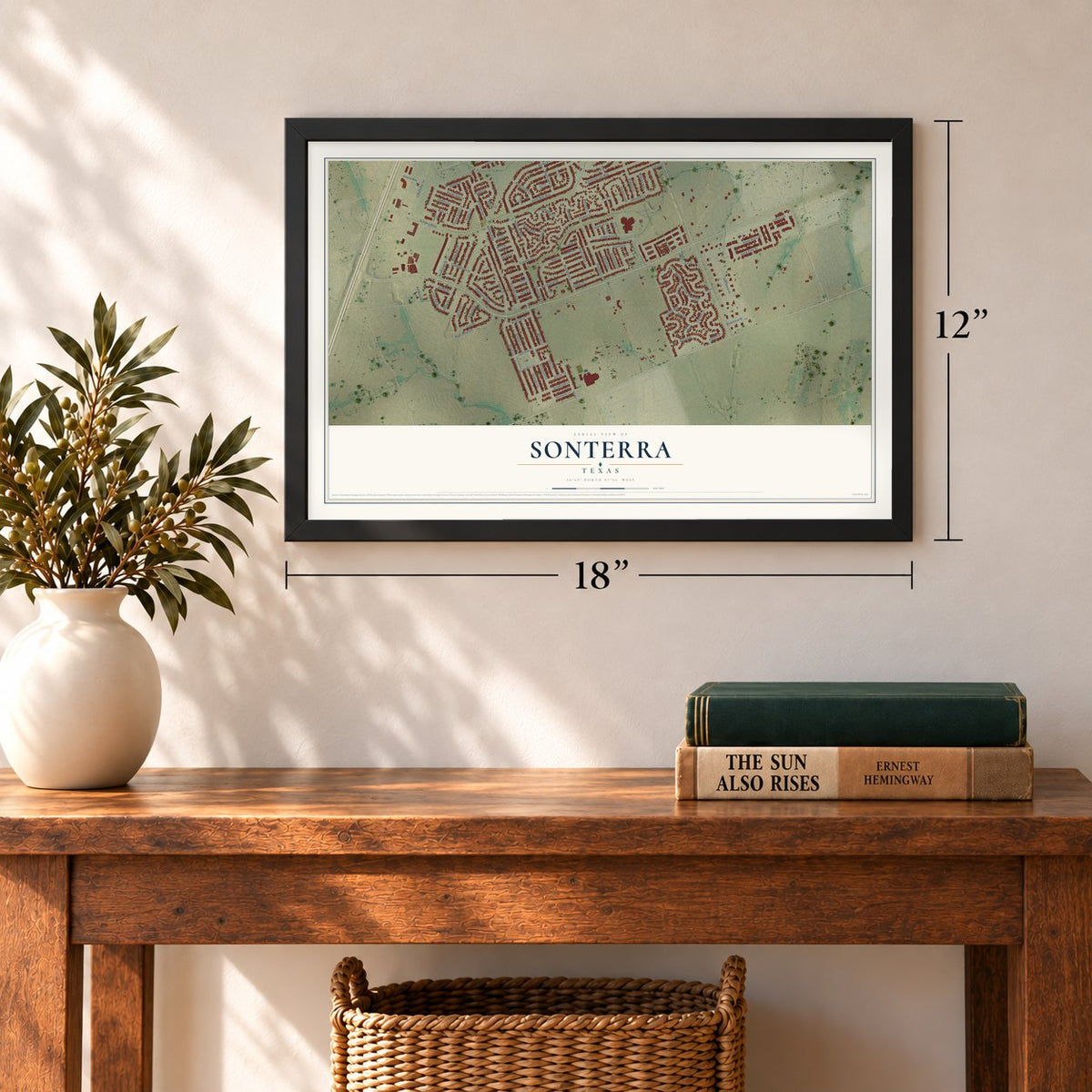 Sonterra, Texas map, 12 x 18 inch print in a black frame in an entryway