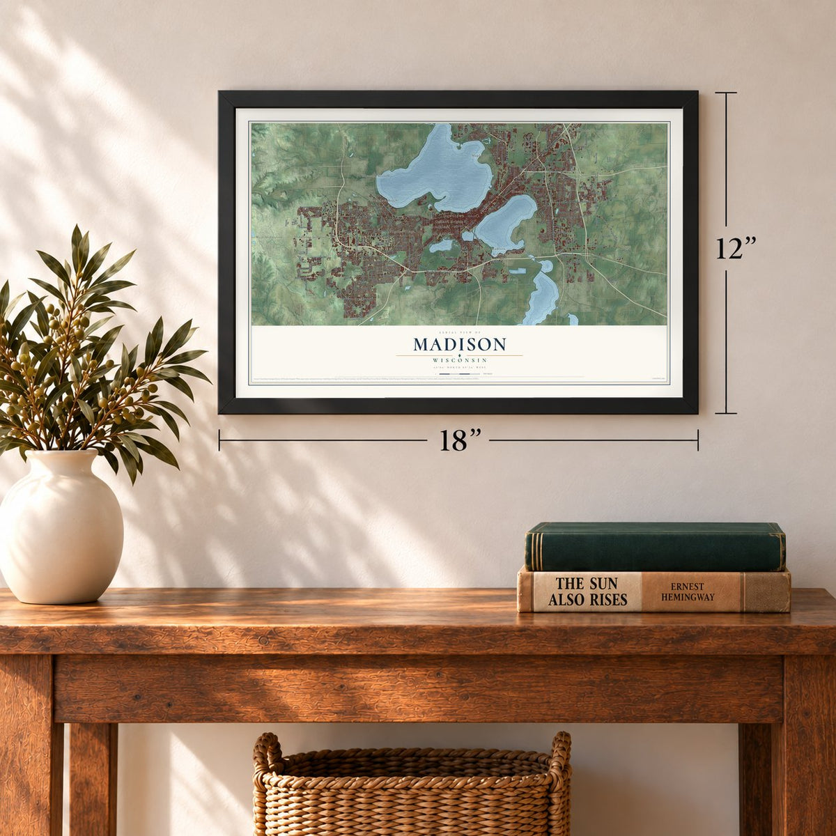Madison, Wisconsin map, 12 x 18 inch print in a black frame in an entryway
