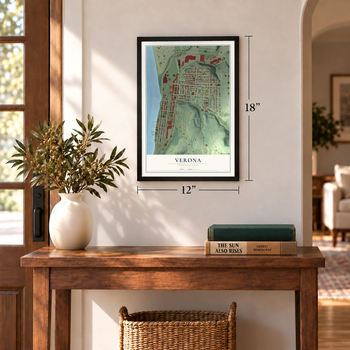 Verona, Pennsylvania map, 12 x 18 inch print in a black frame in an entryway