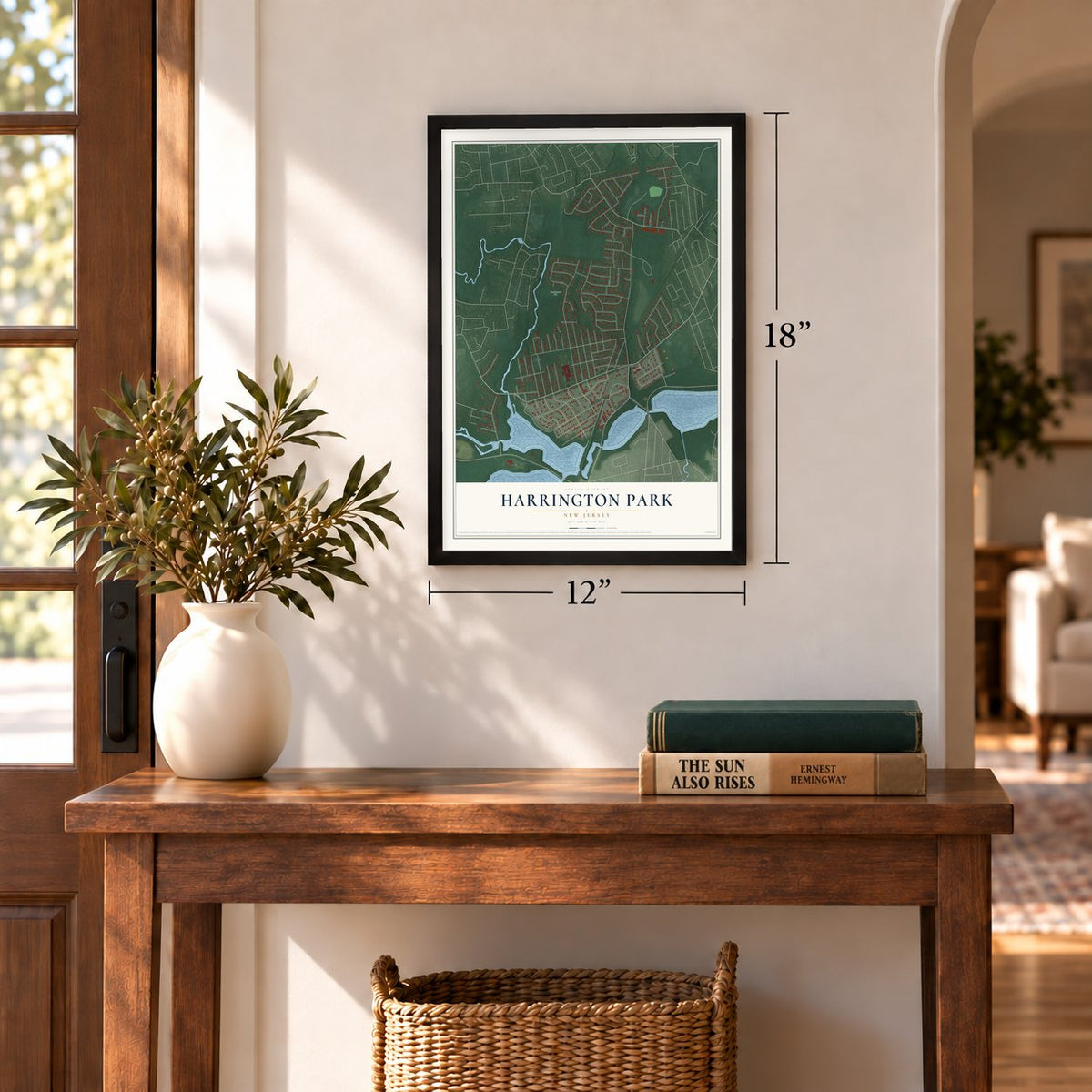Harrington Park, New Jersey map, 12 x 18 inch print in a black frame in an entryway