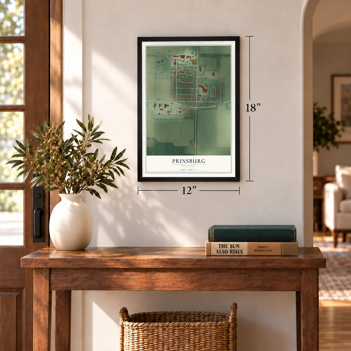 Prinsburg, Minnesota map, 12 x 18 inch print in a black frame in an entryway