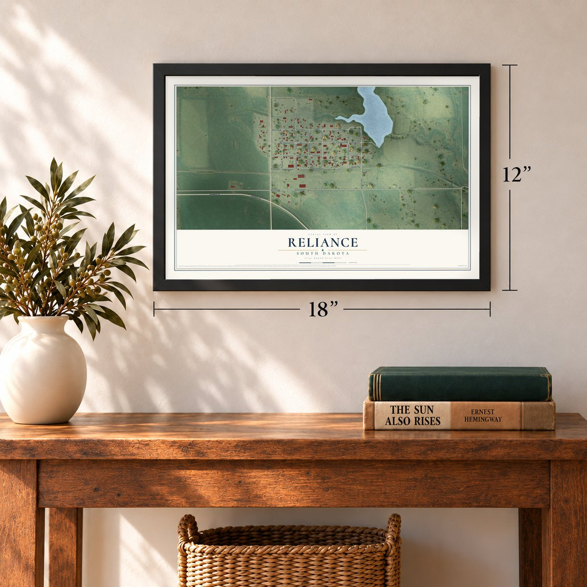 Reliance, South Dakota map, 12 x 18 inch print in a black frame in an entryway