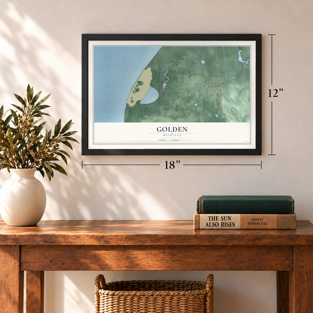 Golden, Michigan map, 12 x 18 inch print in a black frame in an entryway