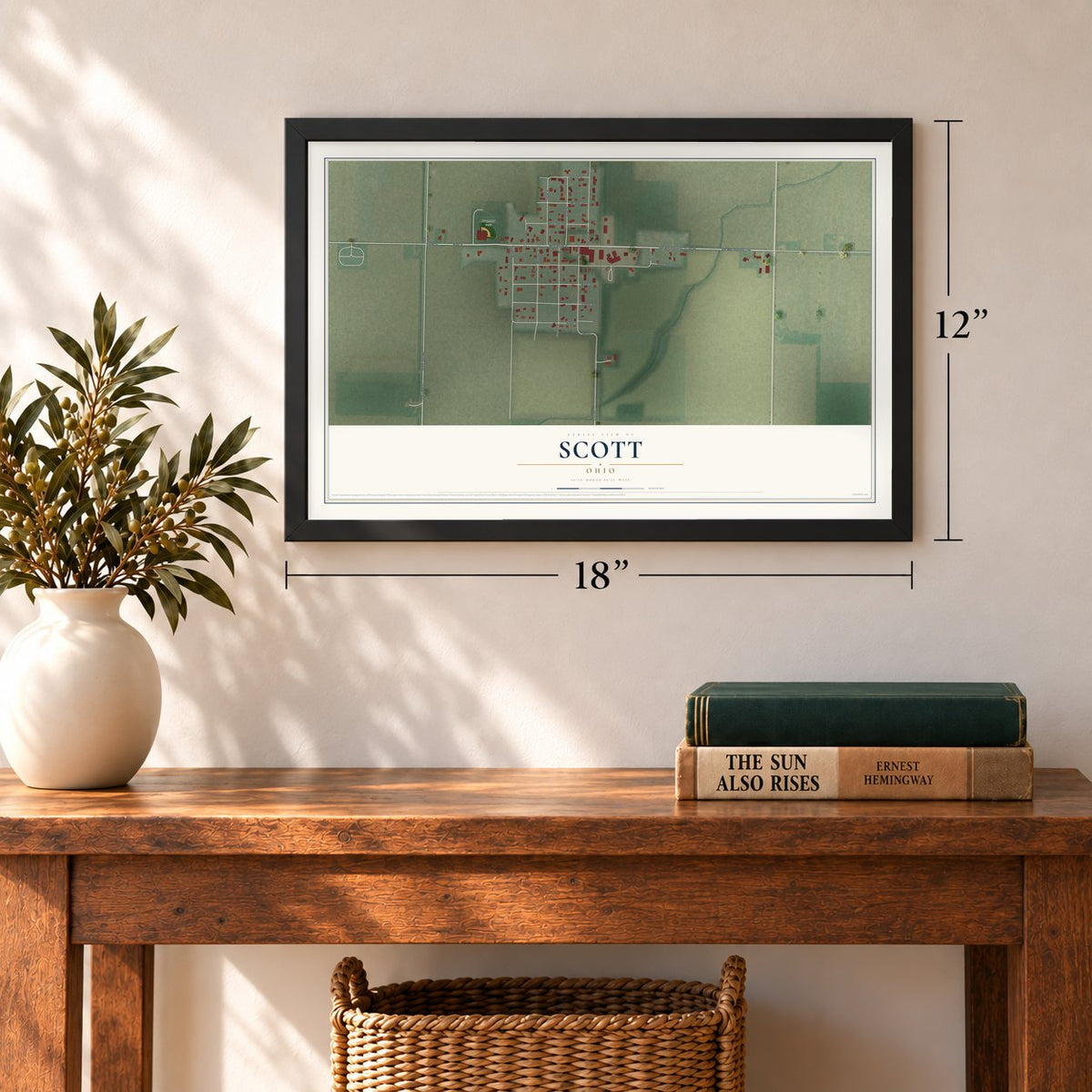 Scott, Ohio map, 12 x 18 inch print in a black frame in an entryway