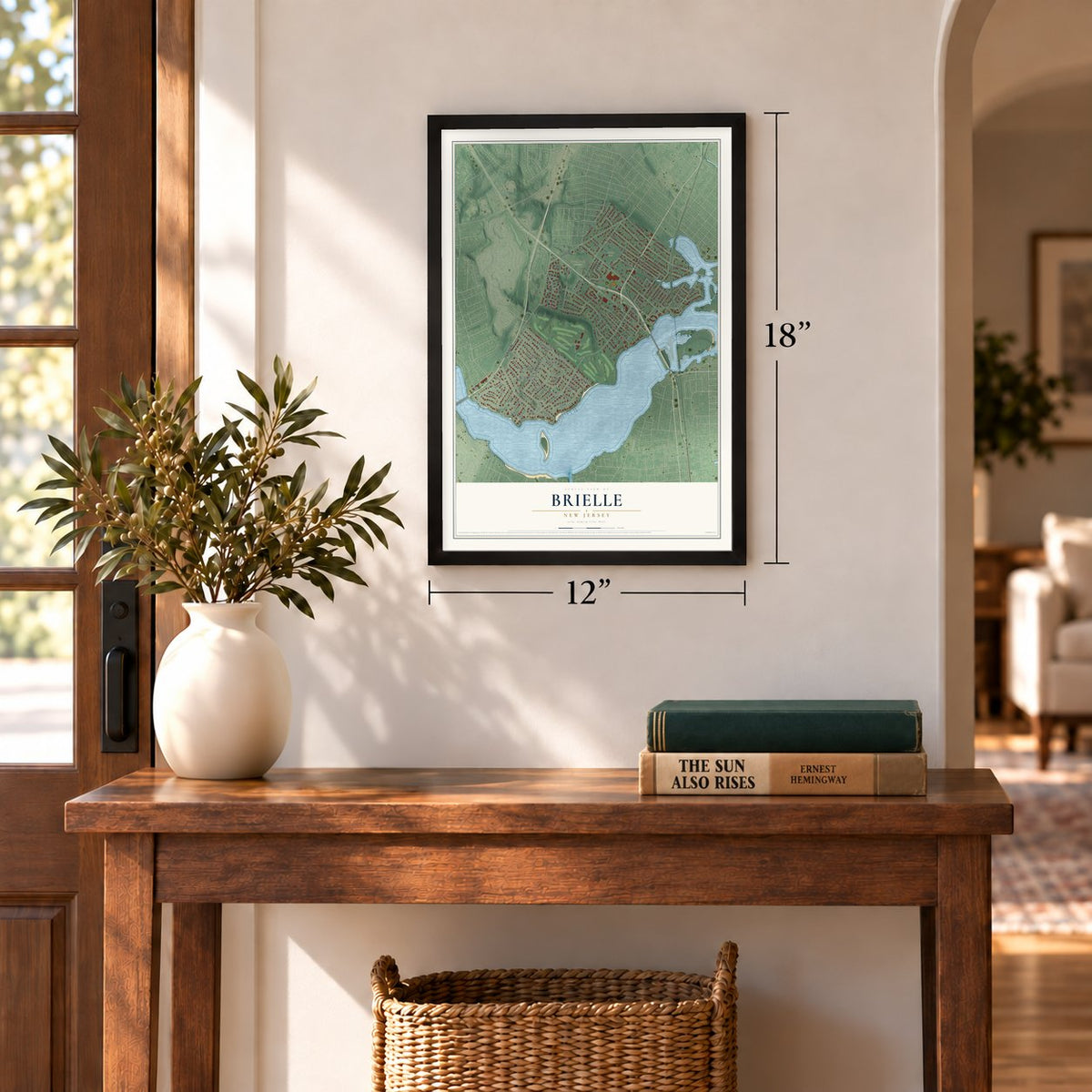 Brielle, New Jersey map, 12 x 18 inch print in a black frame in an entryway