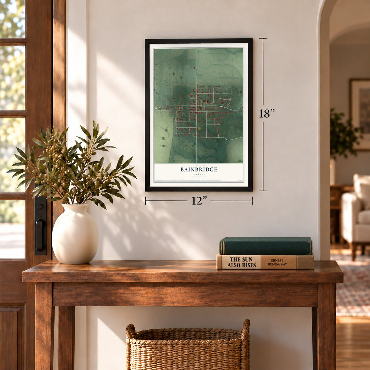 Bainbridge, Indiana map, 12 x 18 inch print in a black frame in an entryway