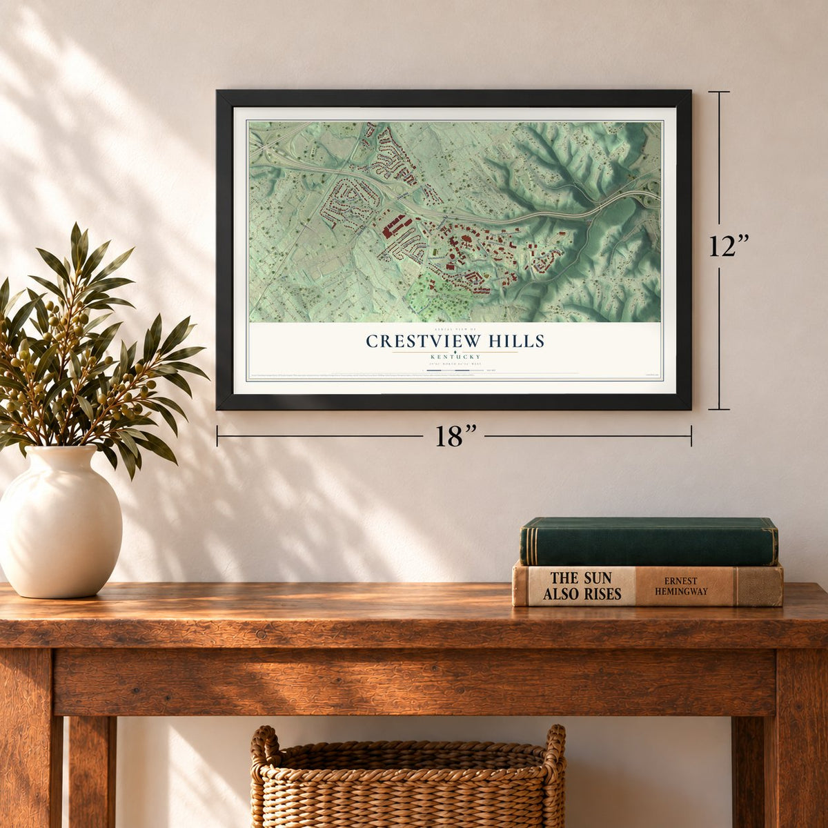 Crestview Hills, Kentucky map, 12 x 18 inch print in a black frame in an entryway