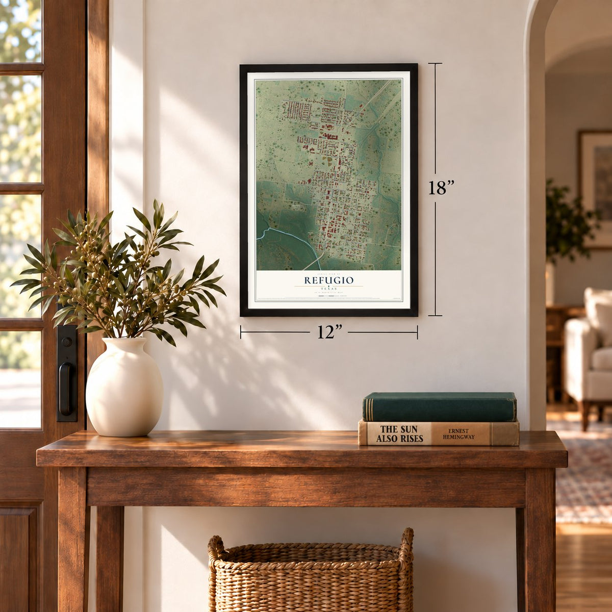 Refugio, Texas map, 12 x 18 inch print in a black frame in an entryway