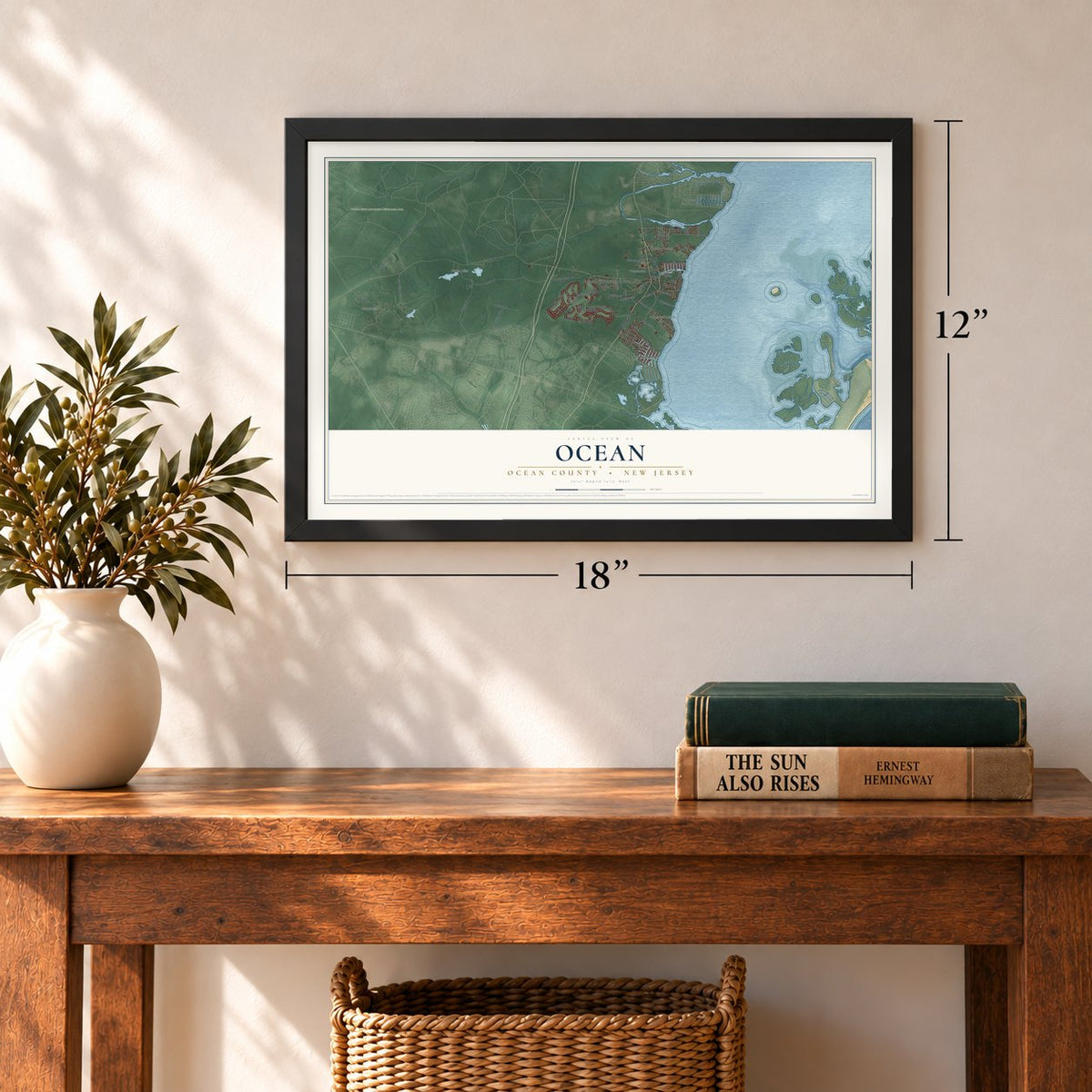 Ocean, Ocean County, New Jersey map, 12 x 18 inch print in a black frame in an entryway
