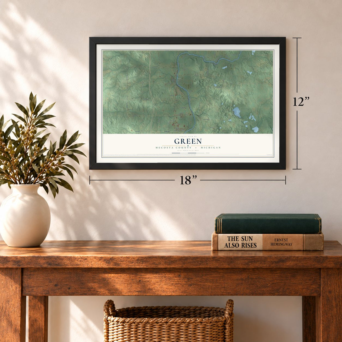 Green, Mecosta County, Michigan map, 12 x 18 inch print in a black frame in an entryway