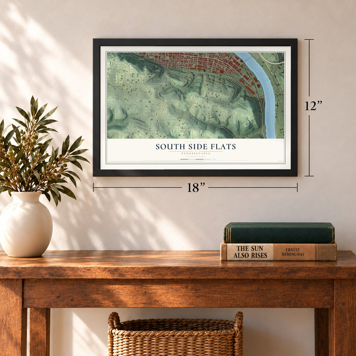 South Side Flats, Pennsylvania map, 12 x 18 inch print in a black frame in an entryway