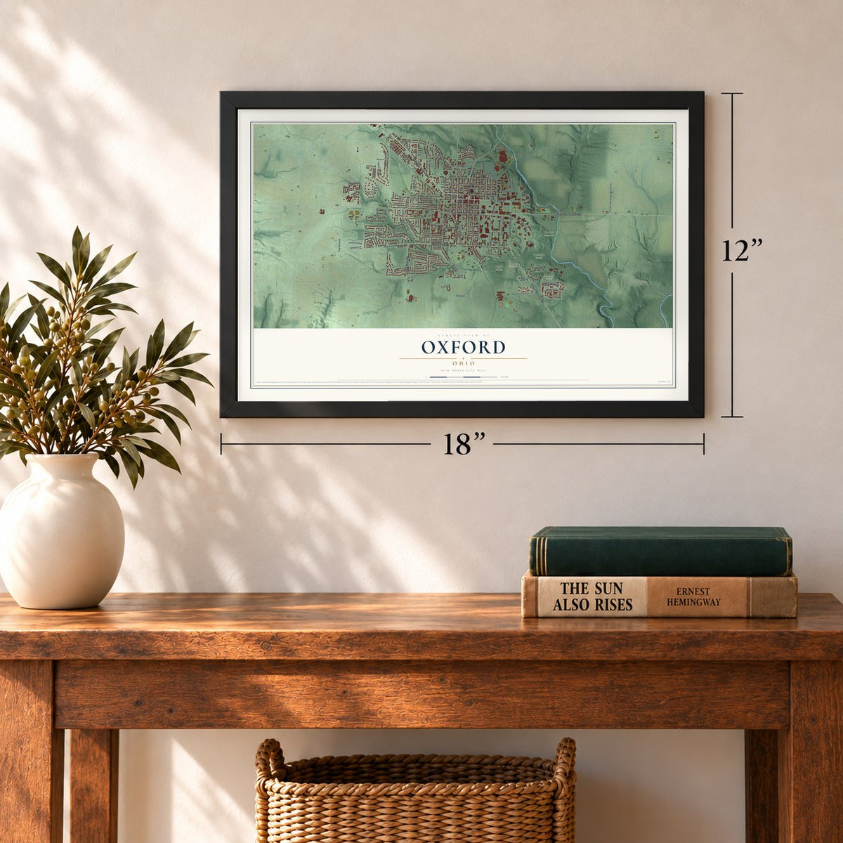 Oxford, Ohio map, 12 x 18 inch print in a black frame in an entryway