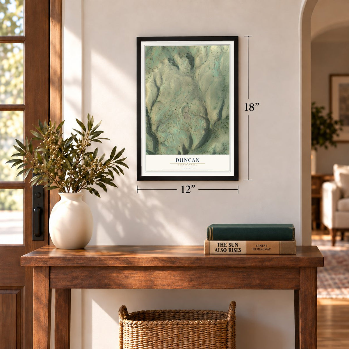 Duncan, Pennsylvania map, 12 x 18 inch print in a black frame in an entryway