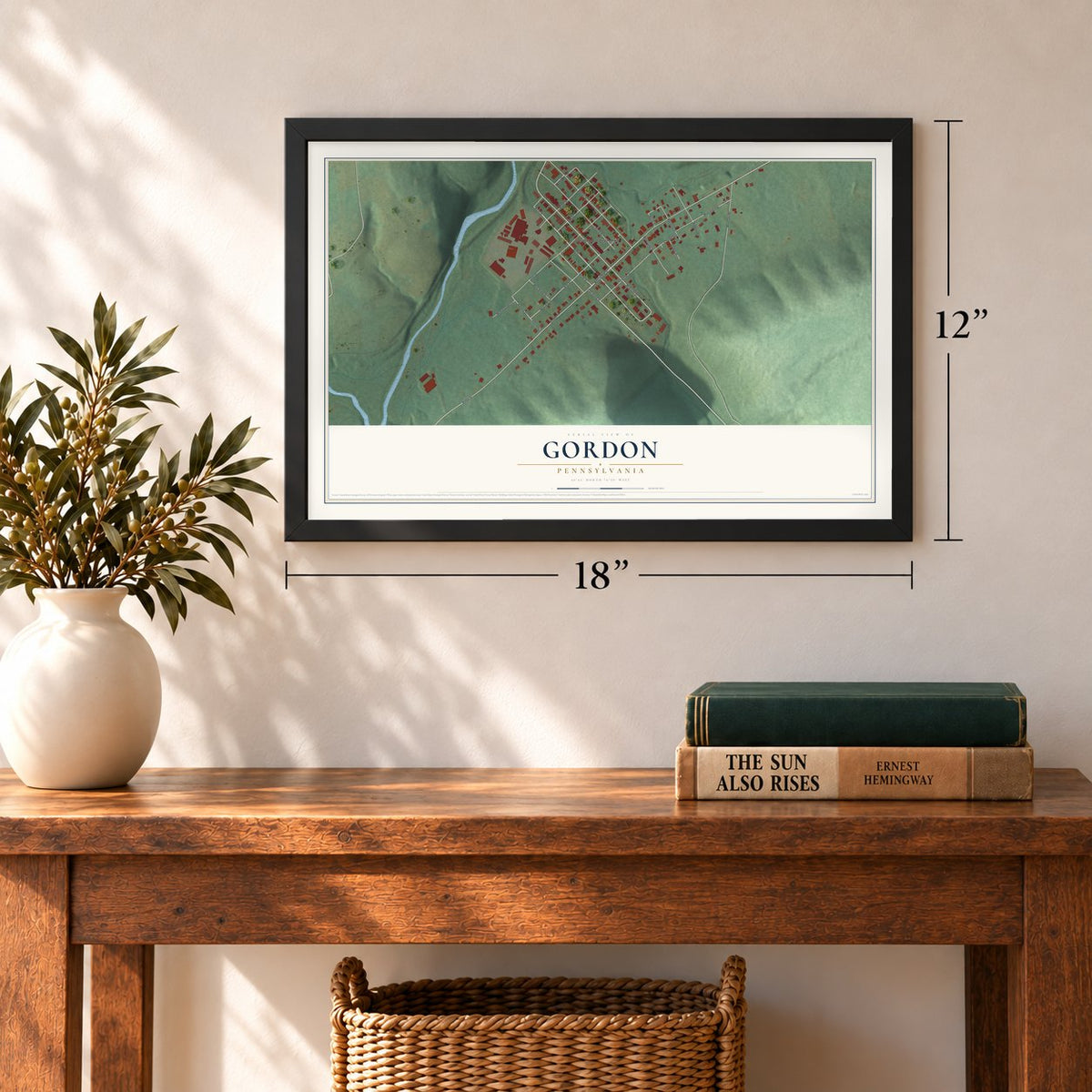 Gordon, Pennsylvania map, 12 x 18 inch print in a black frame in an entryway