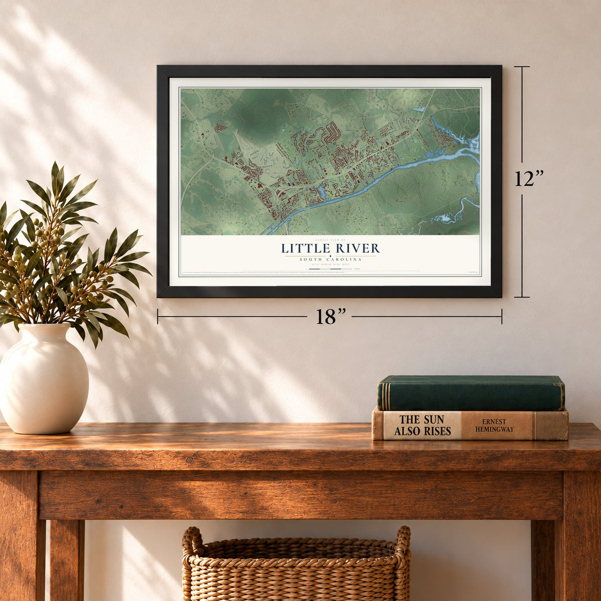 Little River, South Carolina map, 12 x 18 inch print in a black frame in an entryway