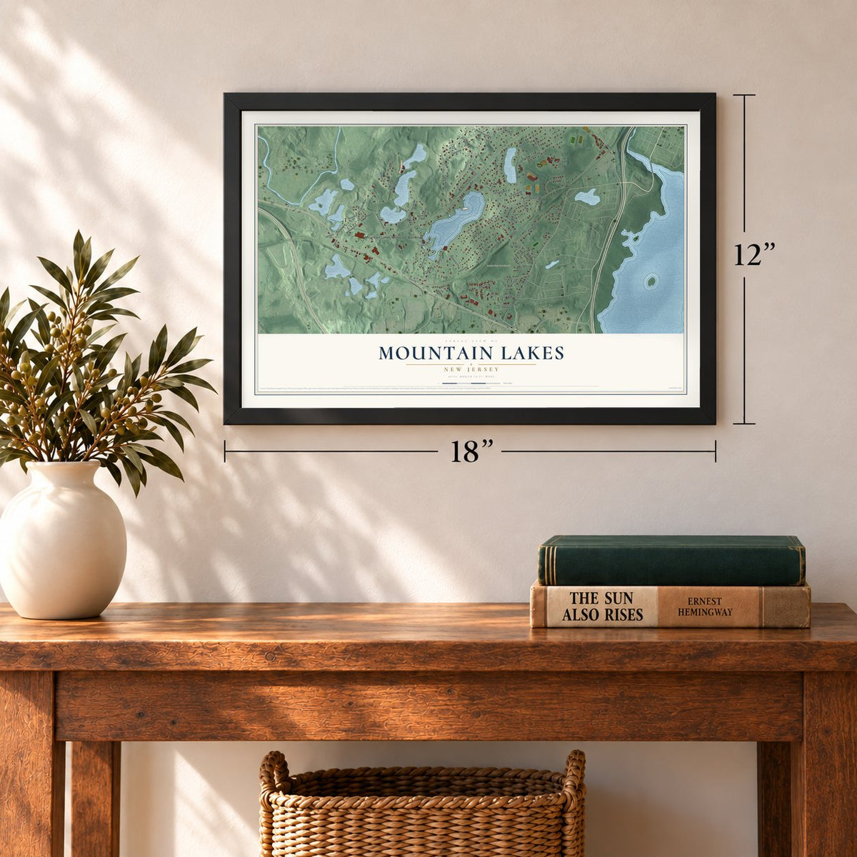 Mountain Lakes, New Jersey map, 12 x 18 inch print in a black frame in an entryway