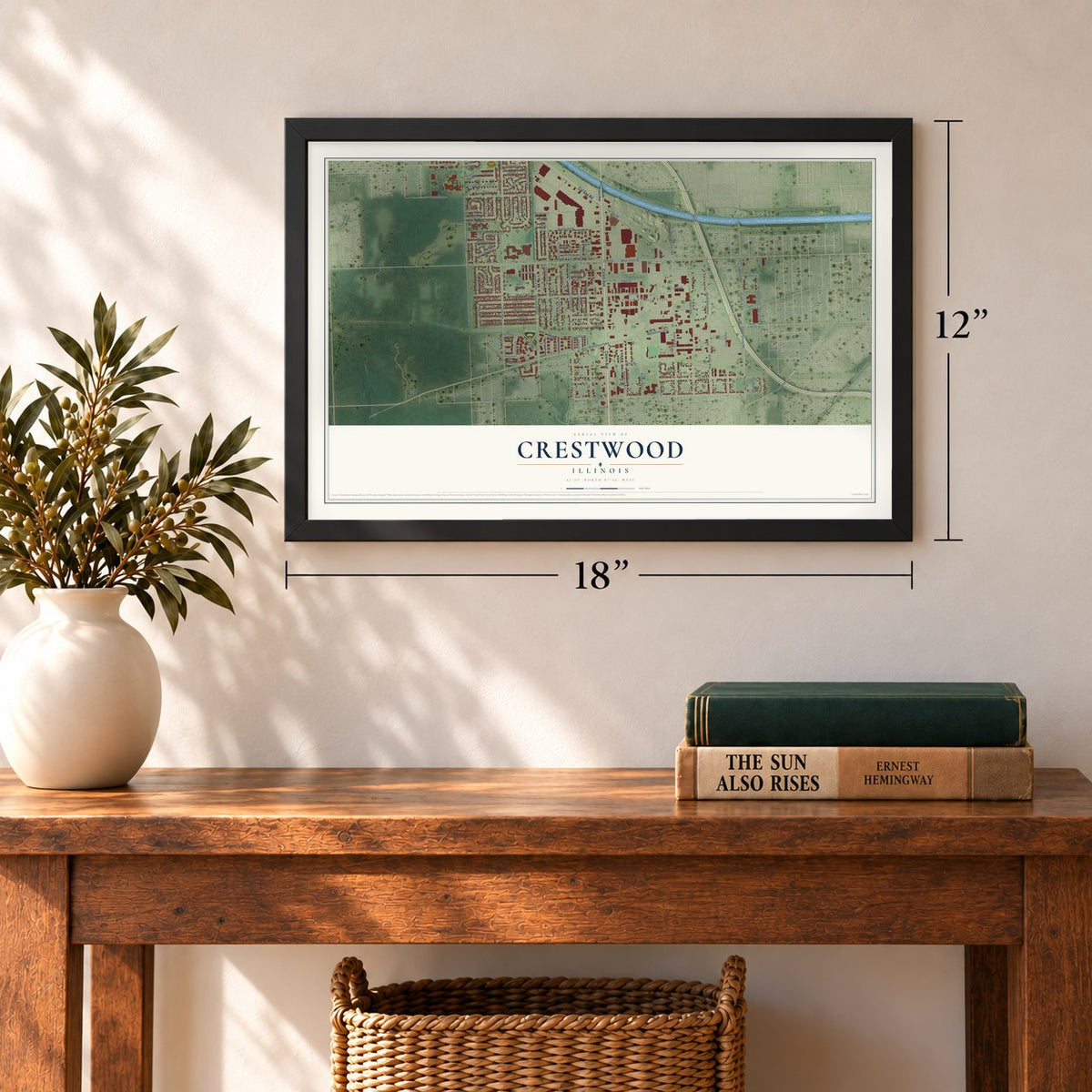 Crestwood, Illinois map, 12 x 18 inch print in a black frame in an entryway